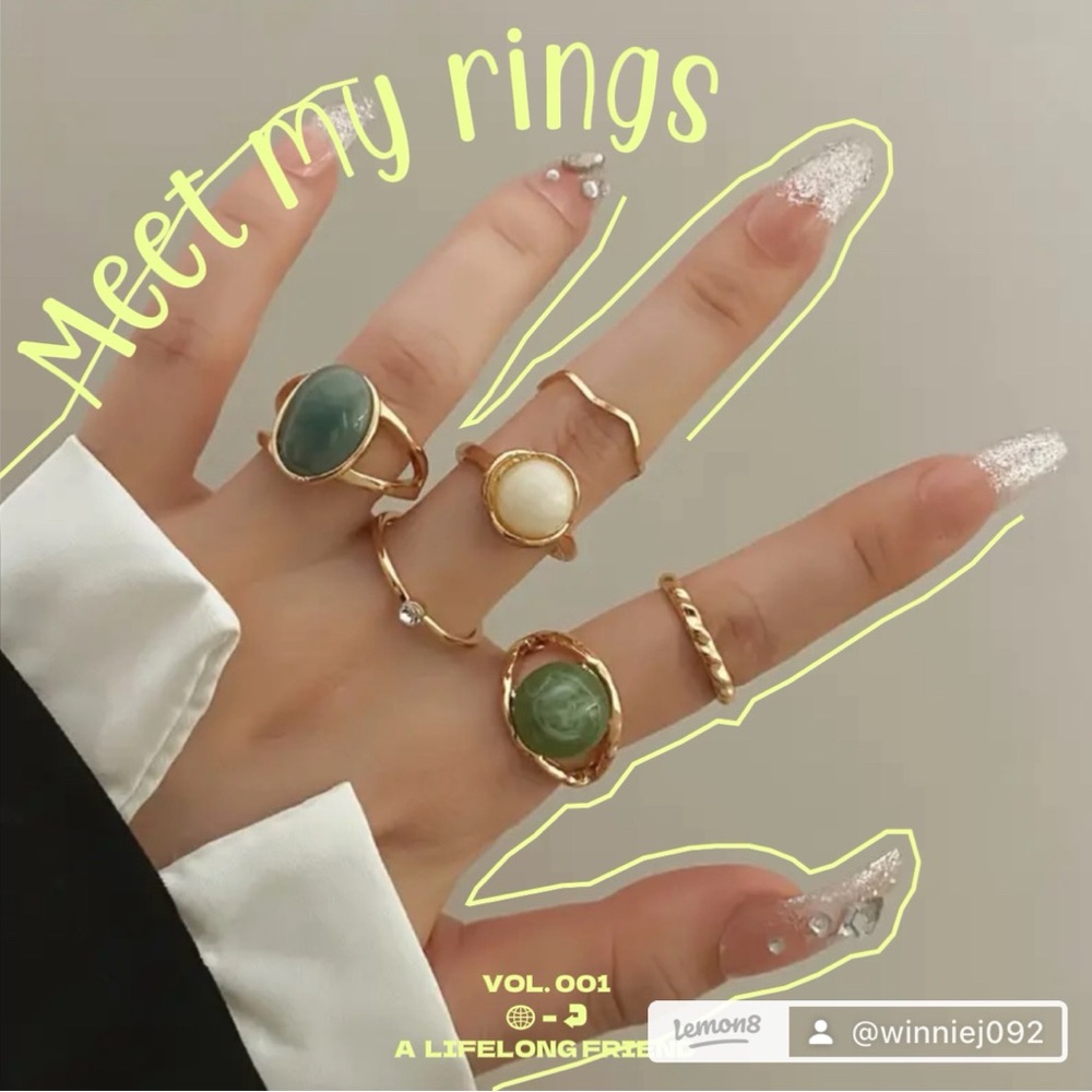 6pcs Golden-Tone Metal Rings With Green